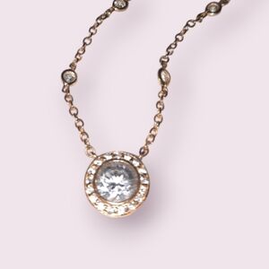 Signed 925 Gold Vermeil Sterling cz Bezel halo pendant station necklace 16in FAS